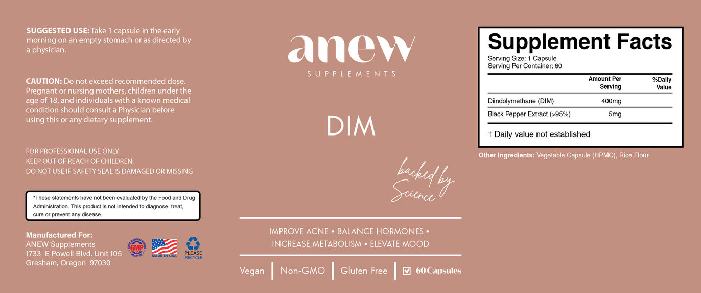 DIM Supplement facts label by anew Supplements