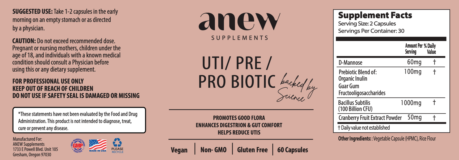 Anew Supplements UTI Pre/Pro-Biotic Supplement facts label 