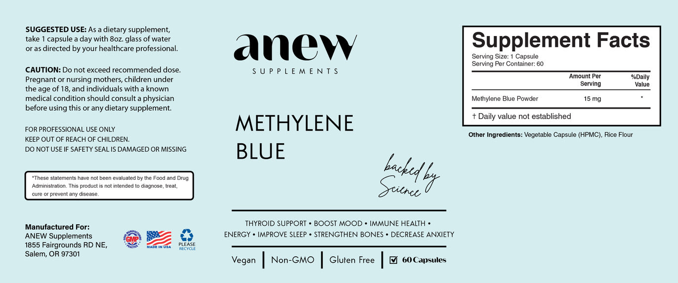 Supplement label for anew Methylene Blue with supplement facts and usage instructions.